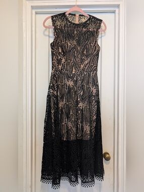 Dress the Population Black Lace Midi Dress with Nude Underlay SIZE 0-2